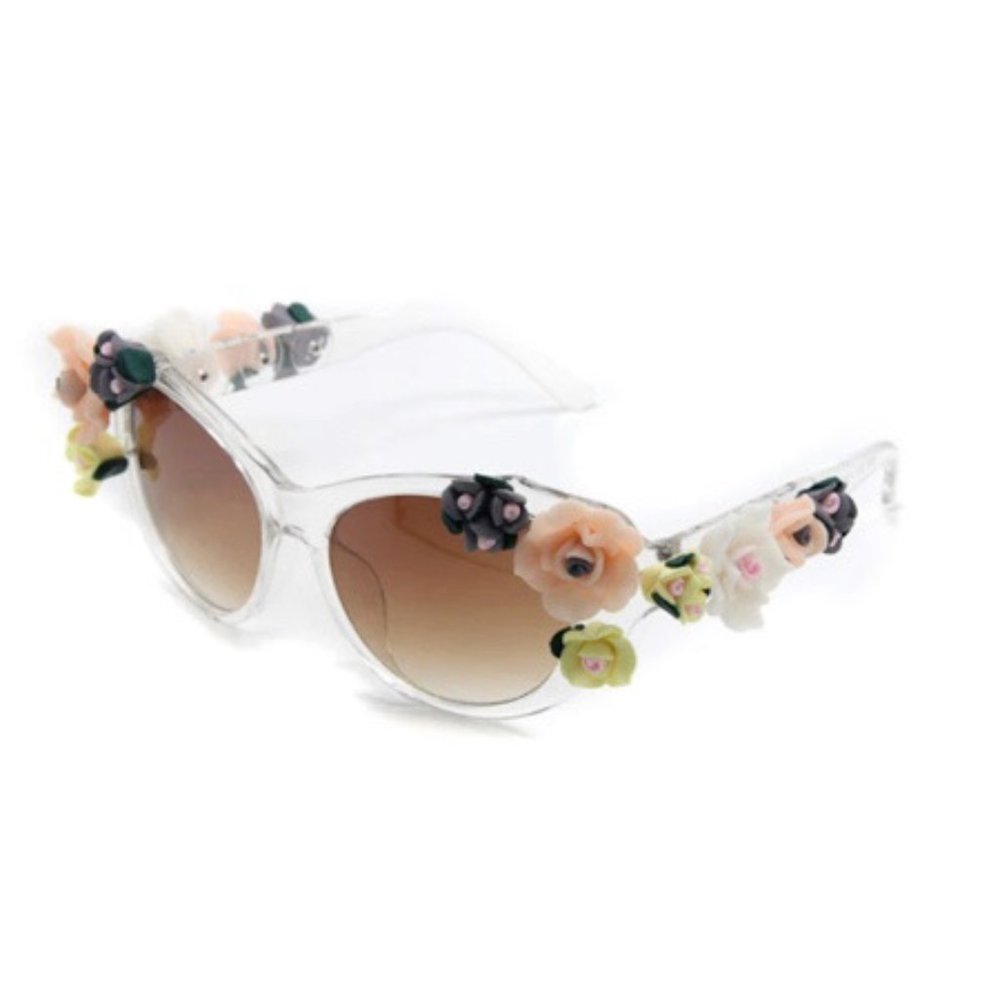 Hand Embellished Floral Clear Cat Eye Sunglasses UV400!